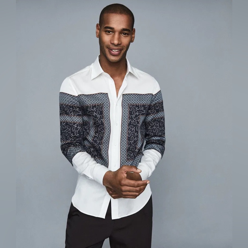Reiss Navy and White Geometric Button Down Shirt
